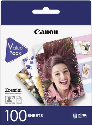 A package of Canon ZINK photo paper, showing sample prints.