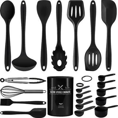 Image de Ensemble de 22 ustensiles de cuisine en silicone Unyqoos® : résistants à la chaleur, antiadhésifs et sans BPA, avec des manches en acier inoxydable : spatule, cuillère, écumoire, pince, fouet
