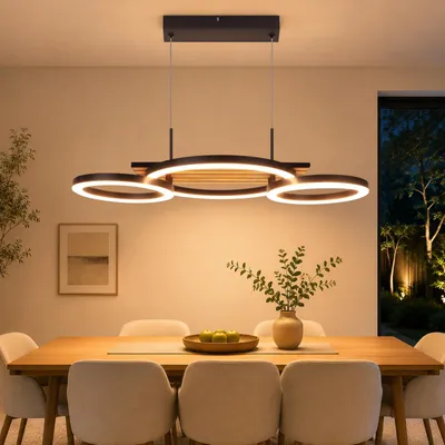 Imagen del producto de Lámpara colgante ZMH para mesa de comedor, LED, lámpara colgante para comedor, 58 cm, color , aspecto de madera, lámpara colgante moderna con 3 anillos, 3000K, lámpara para mesa de comedor, cocina