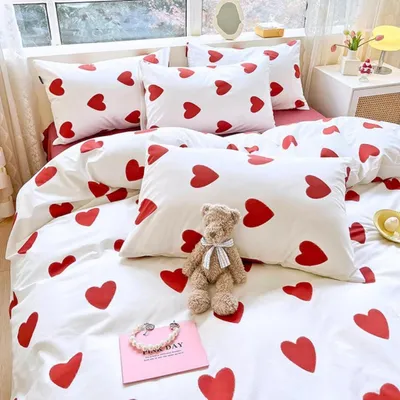 Produktbild von Bettwäsche Set 135x200 cm Weiß Rot Herzen Mikrofaser 80x80 cm Kissenbezug