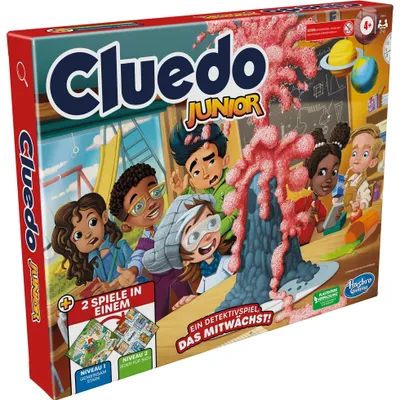 The image shows the front of a Cluedo Junior board game box, featuring cartoon characters and a volcano eruption graphic.