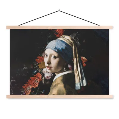 Produktbild von MuchoWow® Textilposter Das Mädchen mit dem Perlenohrring - Vermeer - Blumen 60x40 cm mit holzfarbenen Rahmen - Bilder