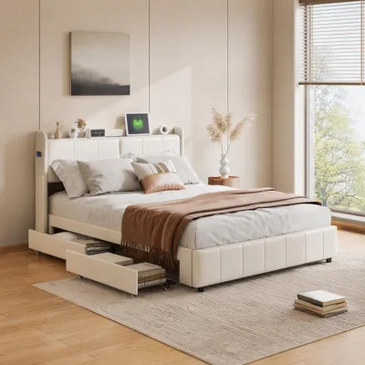 Obrázek produktu pro Postel s pružinovou základnou INONEFT, rozměry 160x200 cm, čalouněná postel s LED osvětlením a USB porty, dvoulůžko s roštem a 4 zásuvkami, úložná postel, funkční postel, samet, béžová barva.