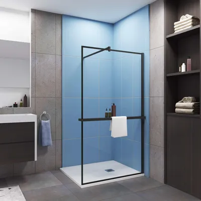 Produktbild von AICA 100x200cm Walk In Schwarz Aluminiumrahmen Duschwand mit Duschregal Handtuchhalter mit Stabilisator Duschabtrennung 8mm NANO Glass F132B