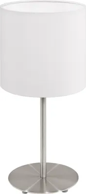 Produktbild von EGLO Tischlampe Pasteri, 1 flammige Textil Tischleuchte, Nachttischlampe aus Stahl und Stoff, Farbe: Nickel matt, weiß, E27, inkl. Schalter, H: 40 cm