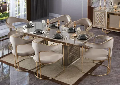 Produktbild von Casa Padrino Luxus Art Deco Esszimmer Set Grau / Gold - 1 Ausziehbarer Esstisch & 6 Esszimmerstühle mit Armlehnen - Esszimmer Möbel - Art Deco Möbel - Luxus Möbel - Art Deco Einrichtung
