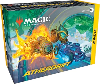 A Magic the Gathering Aetherdrift Bundle box with a checkered border and a racing theme.