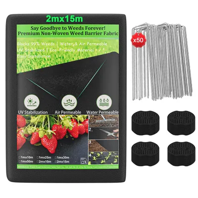Image de IROPRO 2mx15m Non-tissé anti-mauvaises herbes extra fort, 100g/m² Non-tissé de jardin Film anti-mauvaises herbes perméable à l'eau et haute stabilisation UV, avec 50 ancrages de terre