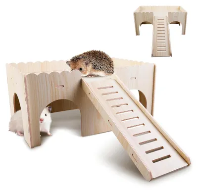 Produktbild von Holz Meerschweinchenbett, großes Meerschweinchenhaus mit Rampe und Eingängen, Zubehör für Meerschweinchen, Chinchillas, Hamster, Hasen und Frettchen - 34 x 24 x 18 cm