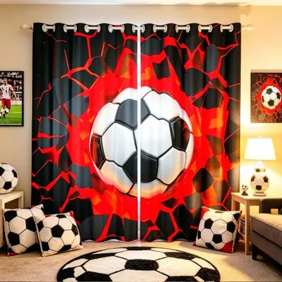 Produktbild von Omgoods – Fußballvorhänge für Kinder – Schwarze Vorhänge mit Sportmotiv – 52 x 63 cm