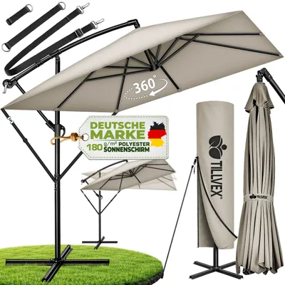 Obrázek produktu pro tillvex® Hliníkový slunečník obdélníkový Ø 330 cm, barva taupe + plachta s klikou | Rohový slunečník s podstavcem a větrolamem | Zahradní slunečník s UV ochranou, hliník | Slunečník s klikou, tržní slunečník, voděodolný, otočný o 360°
