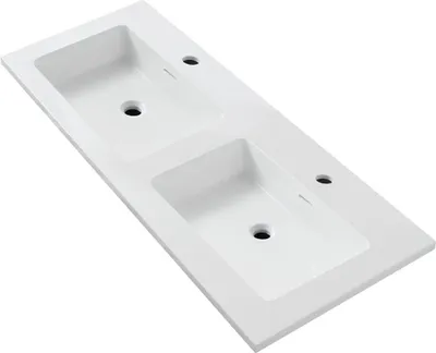 Produktbild von BELVIT Doppelwaschbecken 120 cm mattweiß Mineralguss Slim 1,6 cm mit Überlauf und 2 Hahnlöchern Rechteck