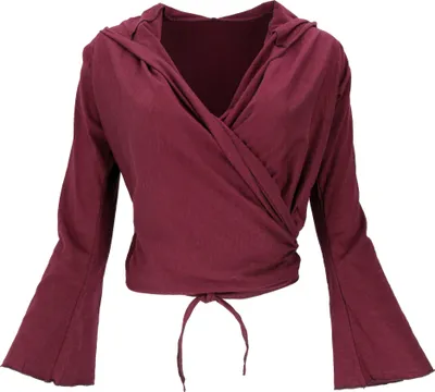 Produktbild von Wickelshirt, Yogashirt, Langarmshirt mit Trompetenärmeln - Weinrot, Damen, Elasthan,Baumwolle, Größe: S