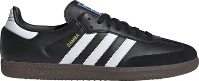 A studio shot of a black Adidas Samba OG sneaker.