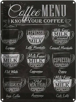 Produktbild von vianmo Blechschild 40x30 cm Kaffee Coffee Menu Espresso Latte Flat