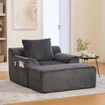 Produktbild von LVHOM Einzelsofa mit Ottomane, Relaxsessel mit Hocker, Lazysofa Ohne Montage, Loungsessel aus Cordstoff, Sitzsack, Dunkelgrau