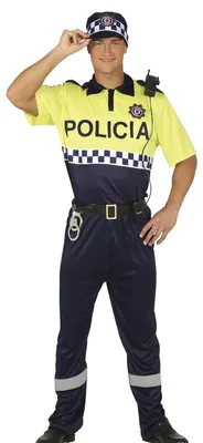 Productafbeelding van Politie uniform, carnaval kostuum, cap, shirt, riem, broek, voor volwassenen, feestkleding, maat: 46 - 48 (S), kleur: geel