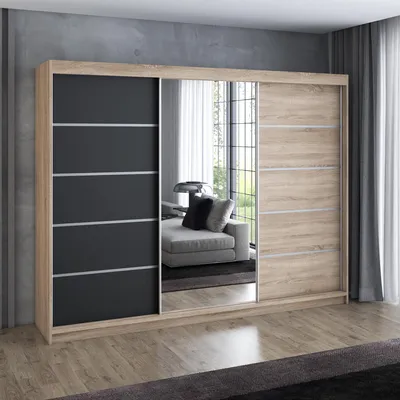 Produktbild von Schwebetürenschrank 200 cm, 3-türig, mit Spiegel & 4 Schubladen, Retro-Stil, modern, in Weiß/Schwarz/Sonoma – Kleiderschrank VILUNO 1