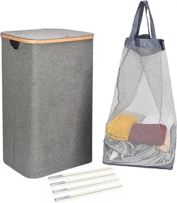 Image de Paniers à linge gris de 100 litres avec couvercle et poignée en bambou