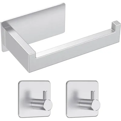 Image de Porte-papier hygiénique à fixation sans perçage, porte-papier hygiénique autocollant, porte-papier hygiénique en acier inoxydable avec 2 crochets autocollants, porte-papier hygiénique autocollant pour la salle de bains, couleur argent