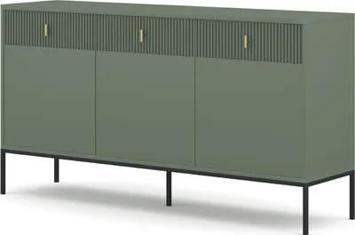 Produktbild von Kommode: drei Schubladen, drei Türen, rauchgrüne Farbe, schwarze Beine