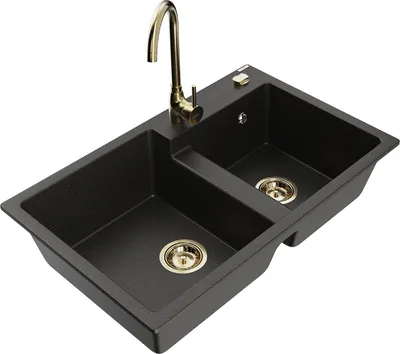 Produktbild von Mexen Tomas 2-Becken-Granitspüle mit Mischbatterie Telma, Schwarz/Gold metallisch - 6516-75-670200-50