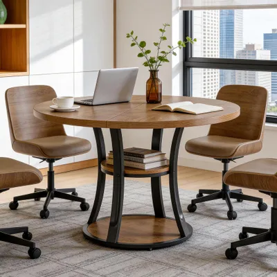 Produktbild von Tribesigns Runder Schreibtisch, 100 cm, 2-4 Personen, moderner Besprechungstisch mit 2-stufigem Ablagefach, Metallgestell, Büro, Konferenzraum, Braun