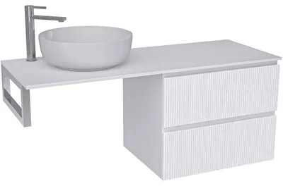 Image de Armoire de salle de bain Carole - blanche, finition mate, avec rainures + plateau sous vasque Navira Slim - 18 mm + console chromée - 160x46x49,8 cm