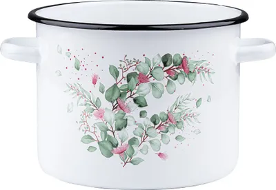 A white enamel pot with a floral design.