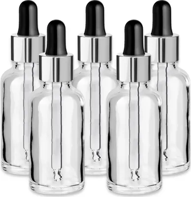 Produktbild von x5 Glasflasche klar 30 ml mit silberner Aluminiumpipette Tropfflaschen