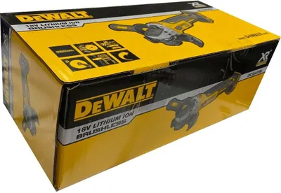 The image shows the retail packaging of a DeWalt angle grinder.