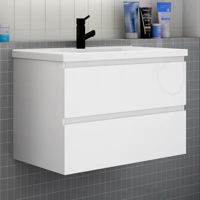 Produktbild von Badmöbel Set HUTI-Serie 80cm Mineralguss Waschbecken mit Unterschrank Badezimmermöbel mit 2 Schubladen Hochglanz Weiß Hängeschrank