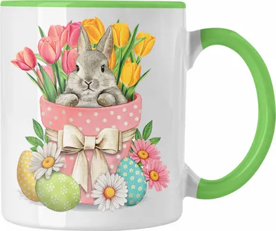 Produktbild von Trendation - Tasse Ostern Ostergeschenke Kinder Jugendliche Geschenke Lustige Grafik Osterhase Ostereier Tulpen (Grün)