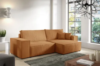 Produktbild von Ecksofa ANTONIO - MINI POSSO 255x148x70 cm; L-Form mit Schlaffunktion und Bettkästen in Orange / Cordbezug, Schenkel / Ottomane rechts oder links
