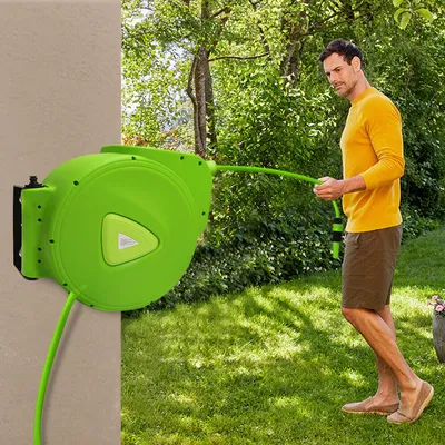 Produktbild von QEENTOE Schlauchtrommel Wasser 20m+ 2m automatisch mit Handbrause und Gartenschlauch 180°schwenkbar, für Garten, Bewässerung, Autowäsche(Grün)
