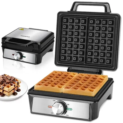 A waffle maker is shown open with waffles inside, and a closed waffle maker and a plate of waffles are also visible.