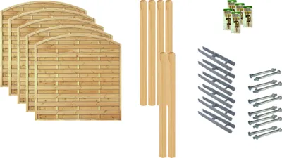 A collection of fencing elements and hardware laid out on a white background.