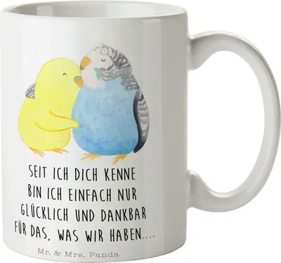 Produktbild von Mr. & Mrs. Panda cappuccinotasse Wellensittich Liebe - Weiß - Geschenk, Kuscheln, Kaffeebecher, Verknallt, Pott, Beziehung, Kaffeetasse, Tasse, Becher, Heiraten