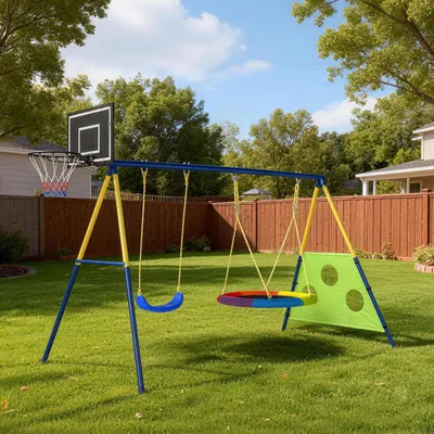 Produktbild von Schaukelgestell 4-in-1 mit Nestschaukel, Basketballkorb Fußballtor, Schaukelset Stahl, Mehrfarbig | 288x160x220 cm | bis 150 kg