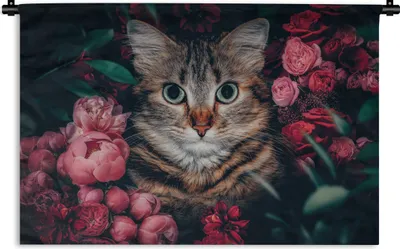 Produktbild von MuchoWow® Wandteppich Wandbehang Katze - Blumen - Tiere - Botanisch 150x100 cm Tapisserie Dekoration Wandtuch - Waschbar - Tapisserien - Wand-Decke