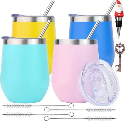 Immagine prodotto di 4 bicchieri da vino in acciaio con coperchio, bicchiere da vino da asporto, bicchieri da vino in acciaio per caffè/champagne/cocktail/bevande calde