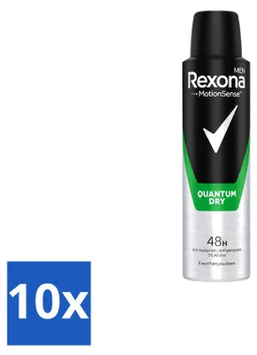 Imagen del producto de 10 aerosoles desodorantes Rexona Men Quantum Dry, 150 ml cada uno. Paquete económico de 10 unidades