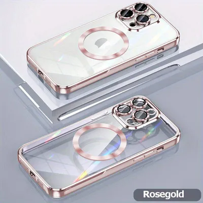 Two clear phone cases with rose gold trim and magnetic rings are displayed on a white and gray surface.