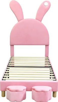Produktbild von Flieks Polsterbett 90x200cm mit 2 Stauraumhockern, Kinderbett mit Kopfteil in Kaninchenohrenform, Jugendbett mit LED, Einzelbett Holzbett Samt, Rosa