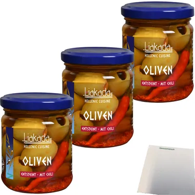 Produktbild von Liakada Oliven mit Chili entsteint 3er Pack (3x90g Glas) + usy Block