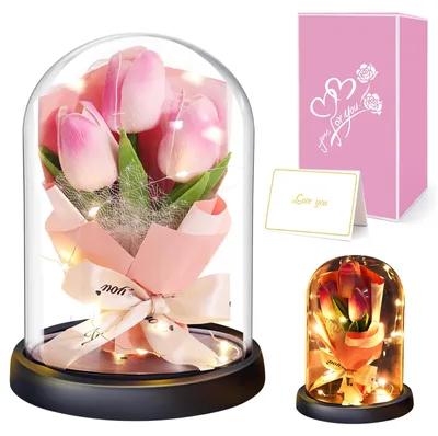 Künstliche Tulpe im Glas, rosa, ewige Blume, Geschenkbox mit Karte, 25 cm