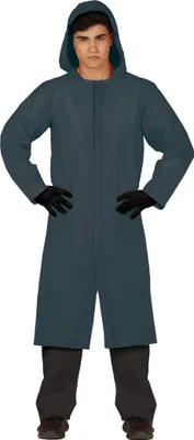 A person wearing a costume outfit, specifically a long gray coat with a hood and black gloves.