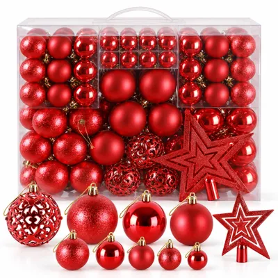 Produktbild von 139er Set Weihnachtskugeln Rot, Christbaumkugeln Kunststoff, Christbaumschmuck mit Baumkronensterne Weihnachten Deko Kugeln für Innen-/Außenbereich