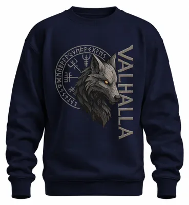 Produktbild von Valhalla Wikinger Wolfskopf Runen Nordische Mythologie Sweatshirt Pullover, Navy, XL
