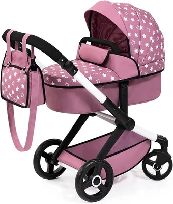 Imagen del producto de Carrito para muñecas Xeo con bolsa, asa ajustable en altura, sistema de empuje giratorio, convertible en un carrito de paseo para muñecas, ruedas delanteras giratorias, cesta integrada, color rosa nórdico